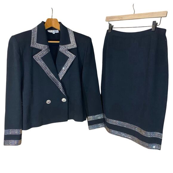 St. John by Marie Gray Santana Knit Embellished Skirt Suit Black Size 8 USA - Picture 2 of 11